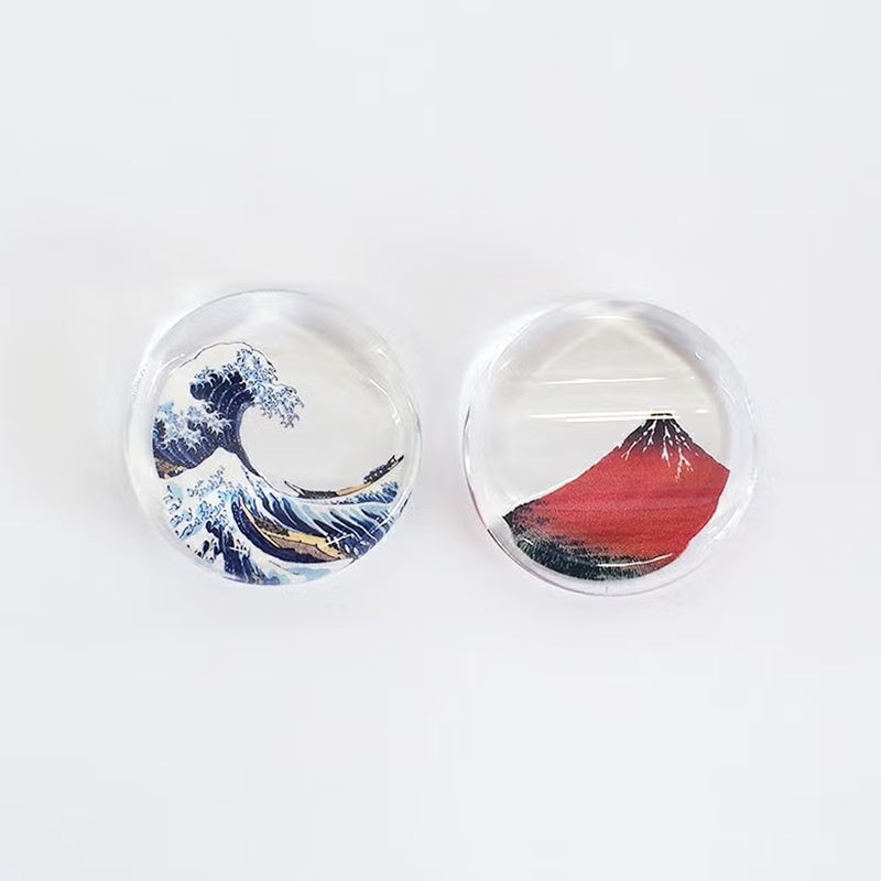 Fugaku Hyakkei chopstick rest set: two clear round acrylic rests with Hokusai's Great Wave and Red Fuji prints