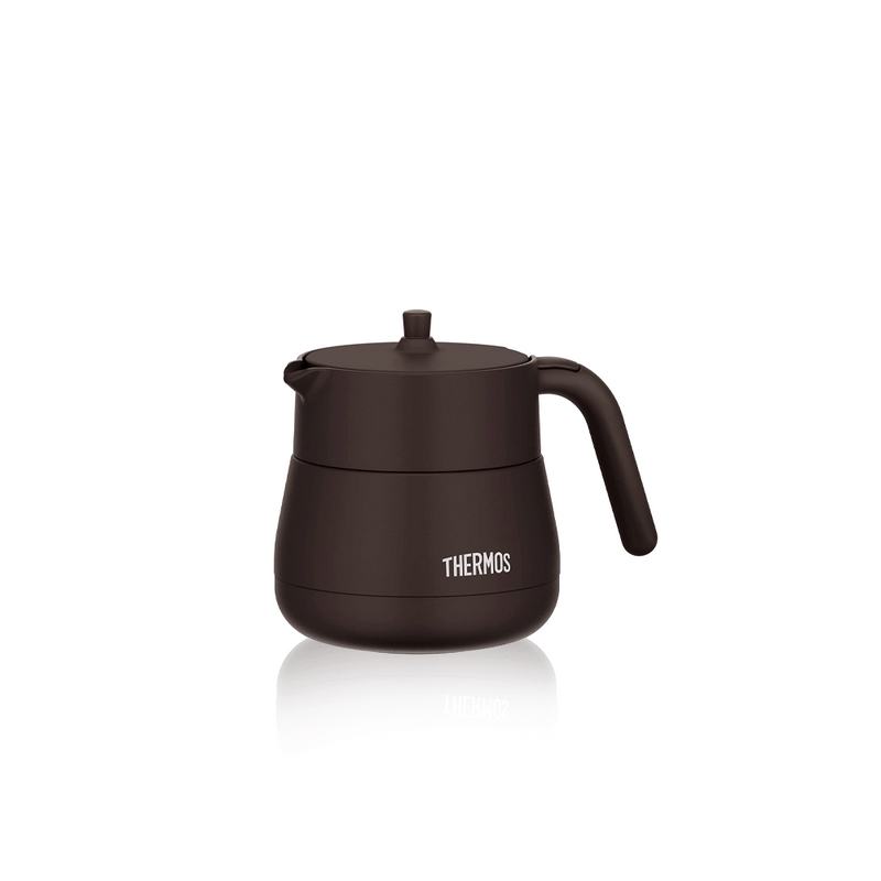 A Thermos TTE-450 vacuum insulated teapot in a dark brown finish, shown on a white background.