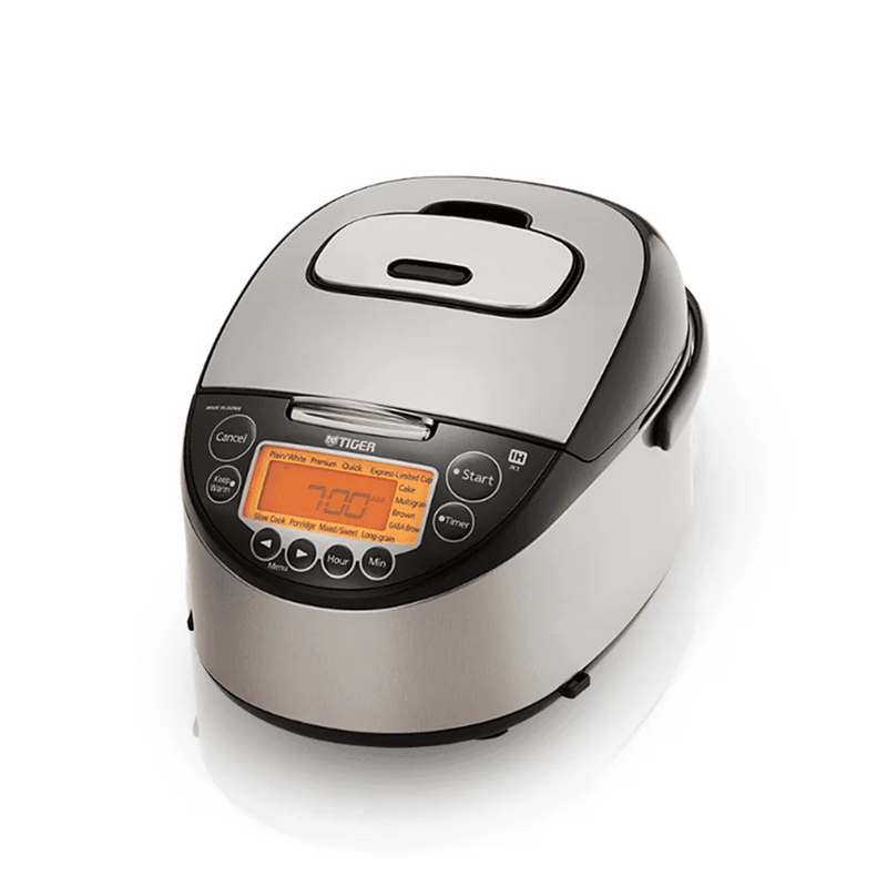 A studio product shot of the silver and black Tiger IH Multifunctional Rice Cooker, 10-cup model JKT-D18A, on a white background.