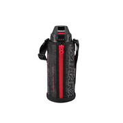 A black Tiger Sahara MBO-B080 vacuum insulated flask encased in a durable black and red carrying pouch with a shoulder strap.