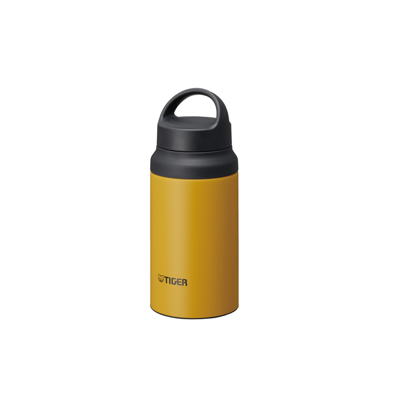 Yellow thermos bottle with black lid on a white background