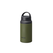 Green insulated bottle with black lid on a white background