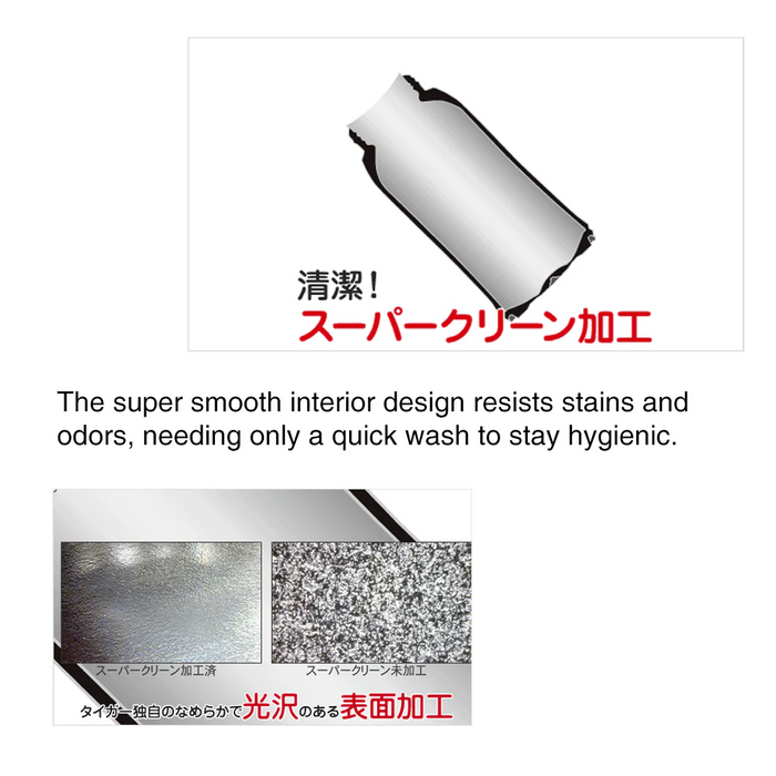 Diagram showing the features of the Tiger MMN-F100-P flask, including a one-push open spout, safety lock, and the ability to drink directly from the spout.