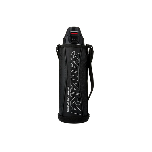 Tiger MMN-F100-K vacuum insulated flask in black with a matching carrying case, designed for a sporty and smart look, with a focus on portability and ease of use.