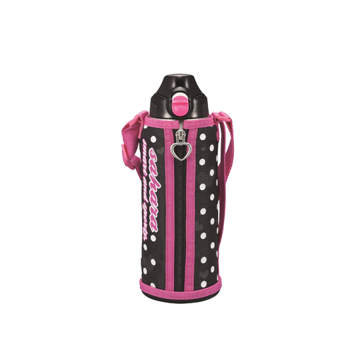 Tiger MMN-F100-P vacuum insulated flask in pink, featuring a black and pink polka-dot design with a heart-shaped zipper pull on the carrying case.