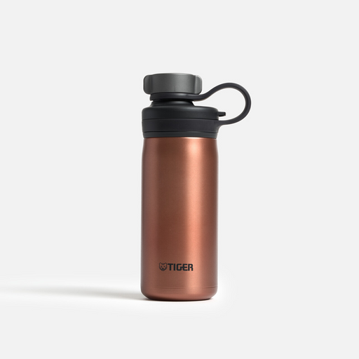 A copper Tiger MTA-T050 vacuum insulated carbonated bottle with a black screw-top lid and integrated loop handle, standing on a white background.