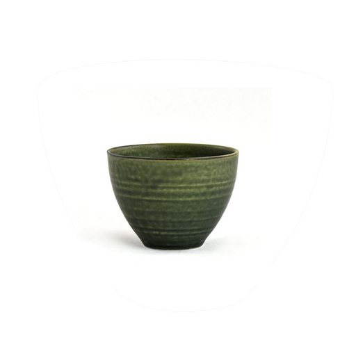 A green-toned teacup with a smooth, rounded shape and a subtle, rustic finish.