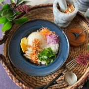 A Tojiki Tonya Orlo Series Pasta Plate, 24cm, set on a woven mat, holding a vibrant dish with rice, vegetables, and sauce, illustrating the plate's deep blue hue and stylish design.