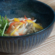 Close-up of a noodle salad with capsicum and carrot served in the Toki Takane Indigo Tokusa Bowl (20cm)