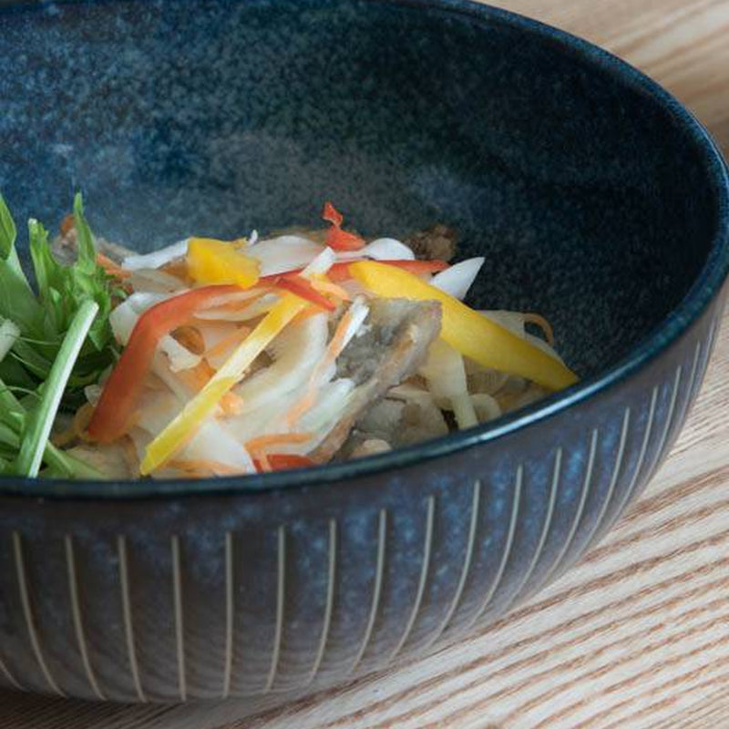 Close-up of a noodle salad with capsicum and carrot served in the Toki Takane Indigo Tokusa Bowl (20cm)