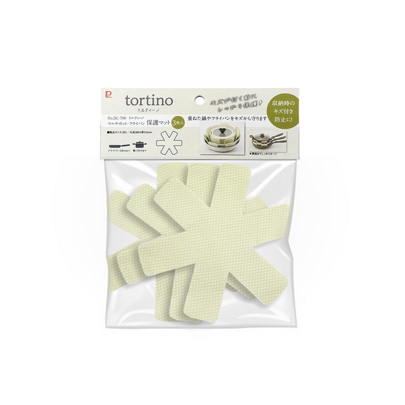 The retail packaging for the Tortino Cookware Protective Mats, showing three star-shaped, beige felt protectors.
