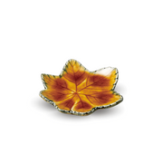 A top-down view of the Touga Autumn Leaves Side Plate, showing its maple leaf shape, vibrant amber and gold colours, and delicate crackle glaze.