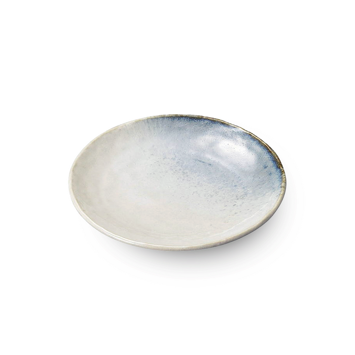 Oval dinner plate with muted blue and rustic hues showcasing a swirling pattern.