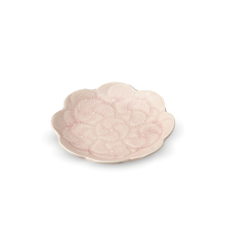 A top-down view of the Touga Hydrangea Side Plate, showing its flower-petal shape and delicate pink crackle glaze.