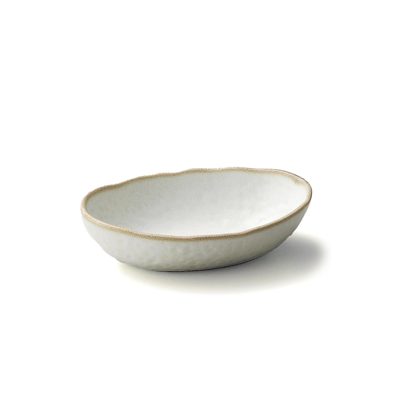A top-down view of the Touga Rustic Oval Bowl, showing its off-white speckled glaze and contrasting unglazed, earthy brown rim.