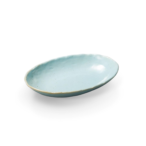 Turquoise blue oval serving bowl with subtle speckled pattern, perfect for elegant dining.