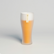 Toyo Sasaki Frosted Beer Glass Standing Alone – A frosted beer glass with a gentle curve, featuring a Japanese label on the upper part, designed for enhanced beer foam retention.
