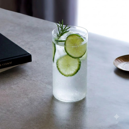 Toyo Sasaki USURAI thin-walled glass tumbler filled with sparkling water, lime slices and rosemary, shown on a stone benchtop
