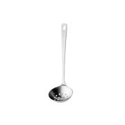 A product image of the Tsubame Sanjo Stainless Steel Slotted Ladle, showing its seamless single-piece construction and perforated bowl on a white background.







