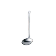 A product image of the Tsubame Sanjo Stainless Steel Soup Ladle, showing its seamless single-piece construction and deep bowl on a white background.

