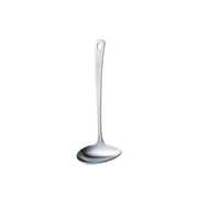 A product image of the Tsubame Sanjo Stainless Steel Pouring Ladle, showing its seamless single-piece construction and precision pouring spout.

