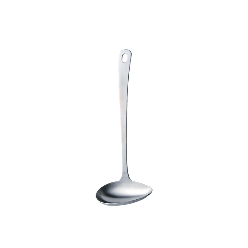 A product image of the Tsubame Sanjo Stainless Steel Pouring Ladle, showing its seamless single-piece construction and precision pouring spout.

