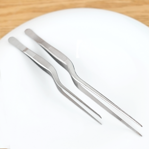 Stainless steel precision tweezers for Tsumami Zaiku, shown in straight and bent tip variations on a white plate.