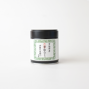 Uji Midori Matcha Powder 20g tin by Itoh Kyuemon, featuring a white label with green floral border and Japanese calligraphy, in a black-lidded metal tin
