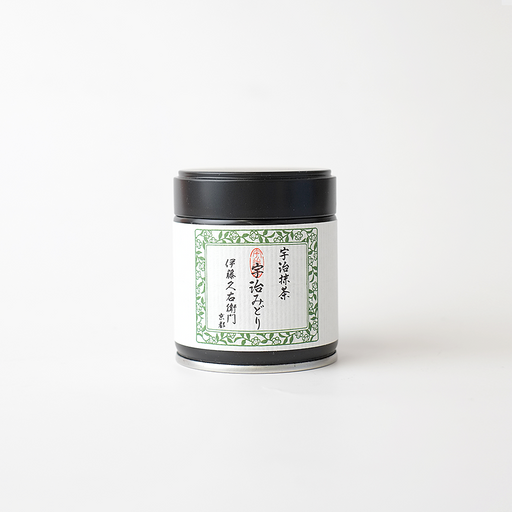 Uji Midori Matcha Powder 20g tin by Itoh Kyuemon, featuring a white label with green floral border and Japanese calligraphy, in a black-lidded metal tin
