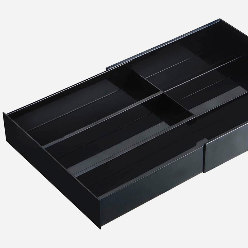 Yamazaki Tower expandable sliding cutlery tray in black, showing the compartment layout