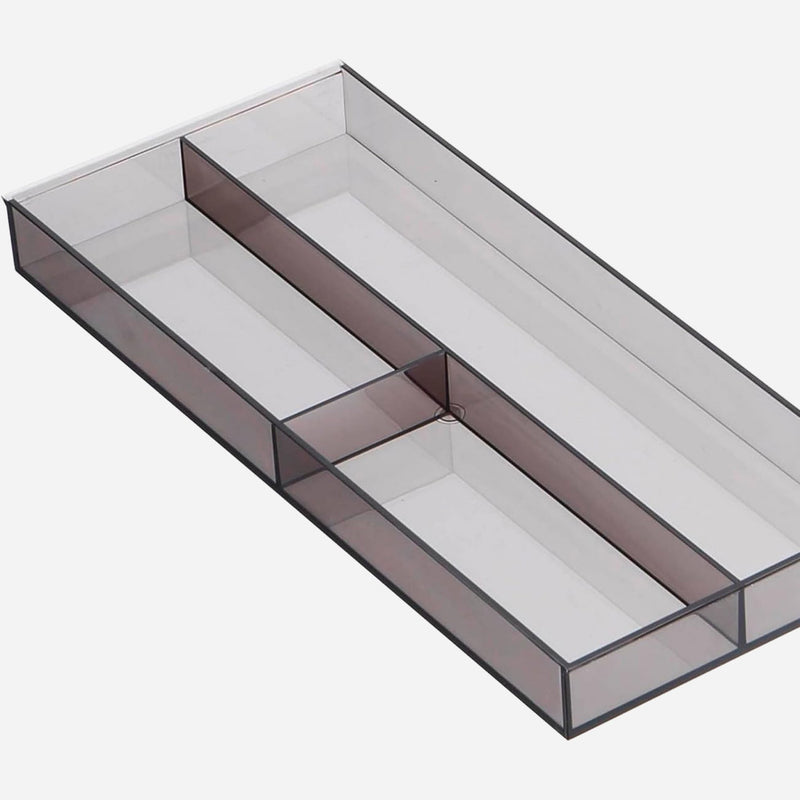 Clear sliding upper tray on the black Yamazaki Tower expandable cutlery tray