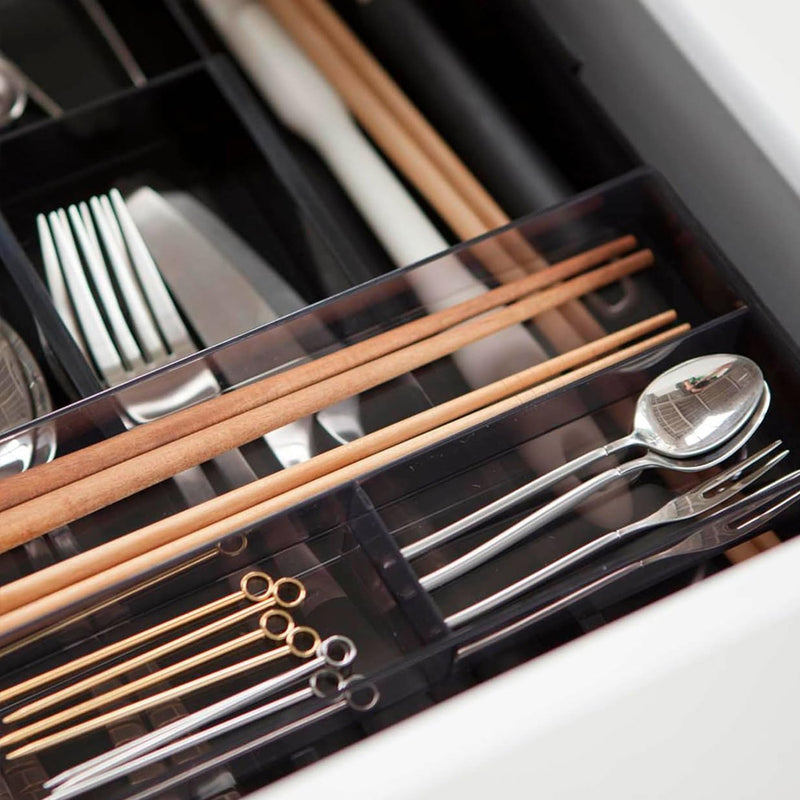 Dimensions of the Yamazaki Tower expandable sliding cutlery tray in black