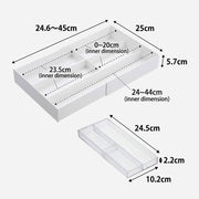 Dimensions of the Yamazaki Tower expandable sliding cutlery tray in white