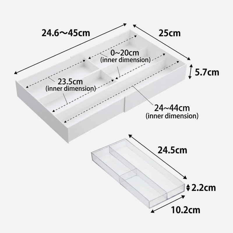 Dimensions of the Yamazaki Tower expandable sliding cutlery tray in white