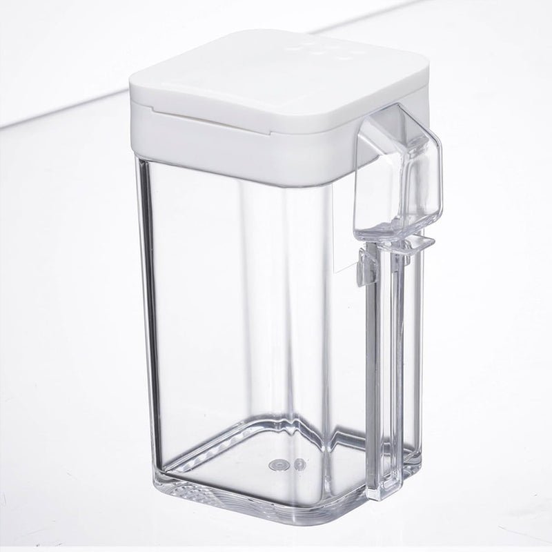 Yamazaki Tower flour and spice bottle in white with the sliding lid open on the smaller sprinkling opening