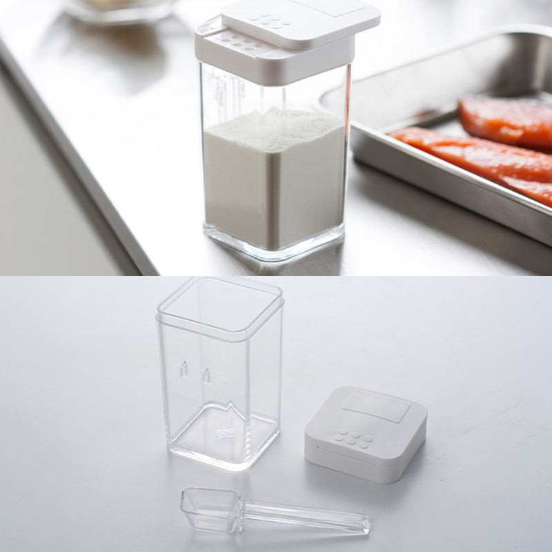 Yamazaki Tower flour and spice bottle in white with the included 5ml teaspoon stored inside