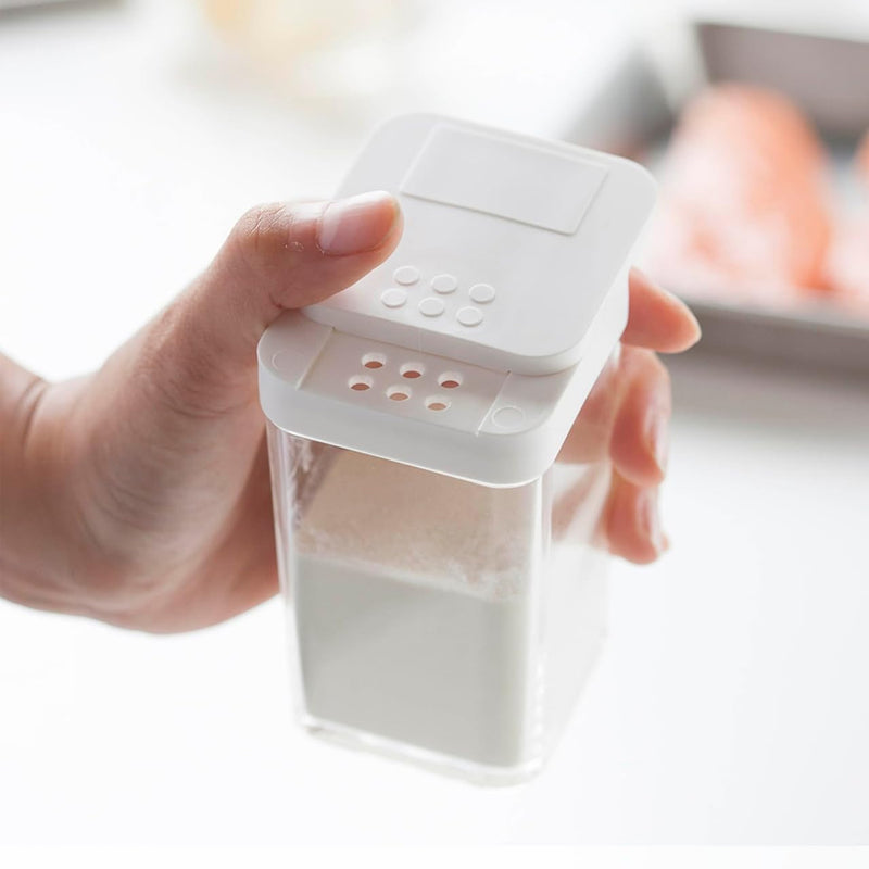 Yamazaki Tower flour and spice bottle in white with lid removed, showing the wide refill opening