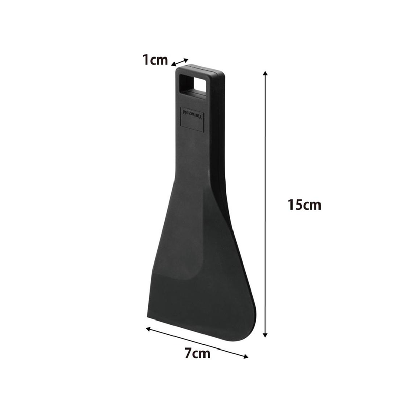 Scraper being used to clear water from a stainless steel benchtop.

