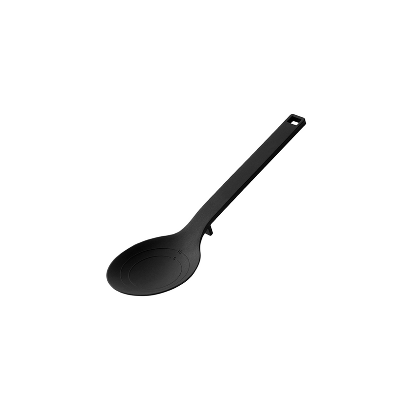 A product image of the Yamazaki Tower Series Silicone Cooking Spoon, showing the measurement lines in the bowl and its built-in countertop rest.

