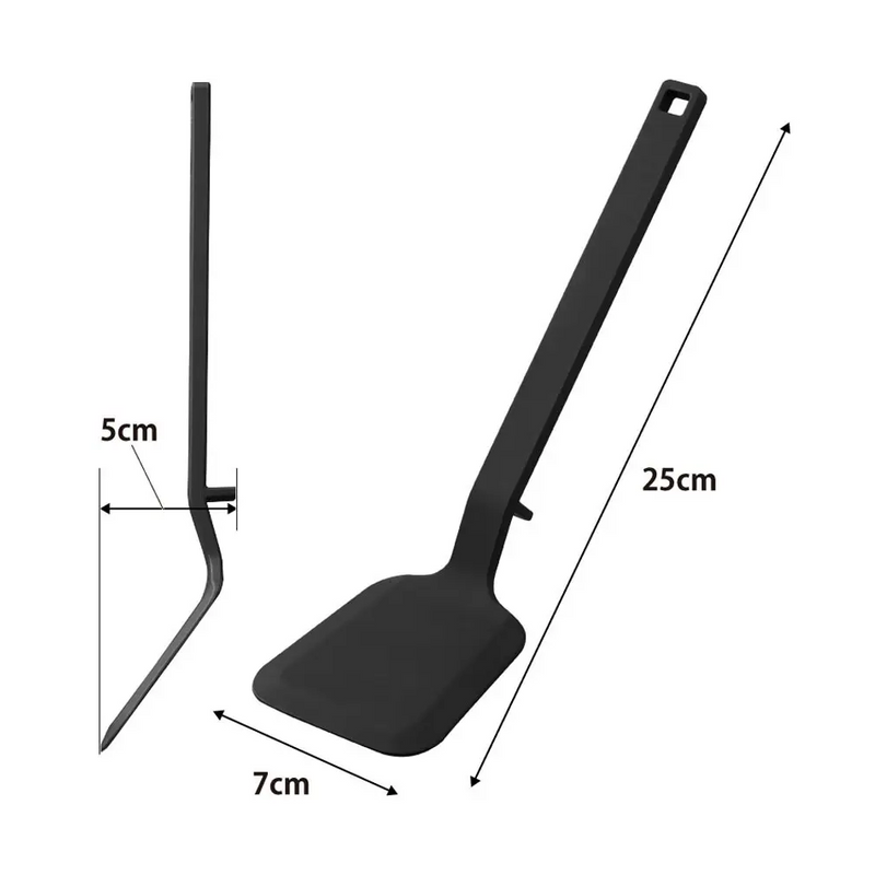 Yamazaki Tower Series Silicone Small Turner with dimensions 25cm long, 7cm wide, and 5cm height shown in side and front views.

