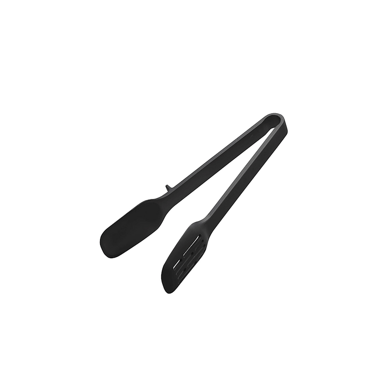 A product image of the Yamazaki Tower Series Silicone Tongs, showing the unique design with one solid and one slotted arm for versatile use.

