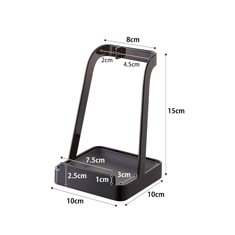 Yamazaki Tower Series Utensil and Lid Stand with dimensions highlighted, showing compact and practical design.






