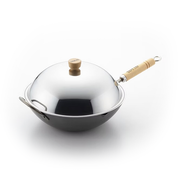 Yoshikawa Cook-Pal Ren Nitrided Carbon Steel Induction Wok with Two Handles with Lid