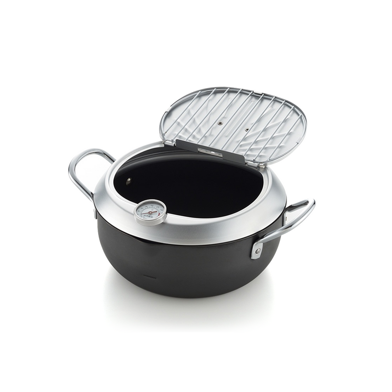 The Yoshikawa 24cm deep fryer pot shown on a white background, with its clever lid flipped open to act as a convenient wire draining rack.
