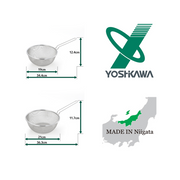 A diagram illustrating that the Yoshikawa strainer is designed to fit 16cm, 18cm, and 20cm Yukihira saucepans.