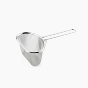Yoshikawa stainless steel cooking strainer with deep triangular mesh basket and long straight handle with hanging hook, shown against a white background