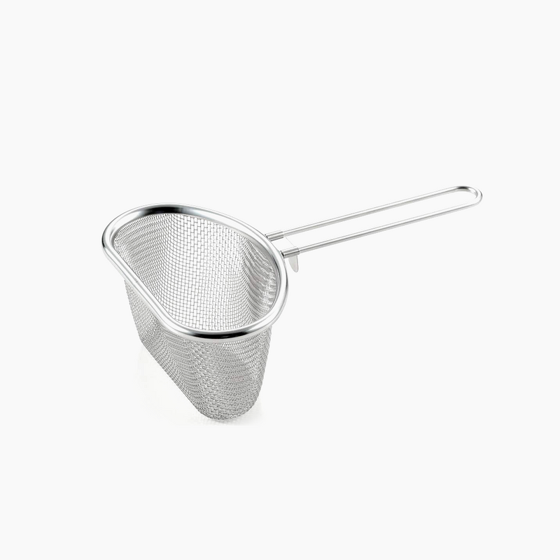 Yoshikawa stainless steel cooking strainer with deep triangular mesh basket and long straight handle with hanging hook, shown against a white background