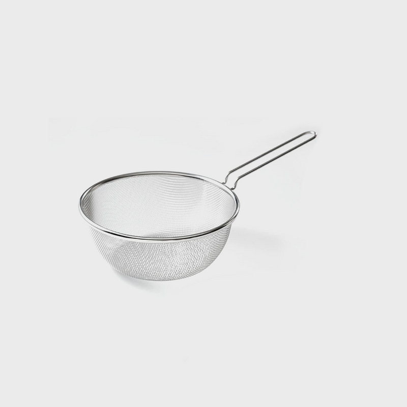 A product shot of the Yoshikawa stainless steel strainer basket on a white background, showing its fine mesh and sturdy frame.