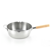 The Yoshikawa Yukihira stainless steel saucepan, showing its hammered finish, natural wood handle, and dual pouring spouts.
