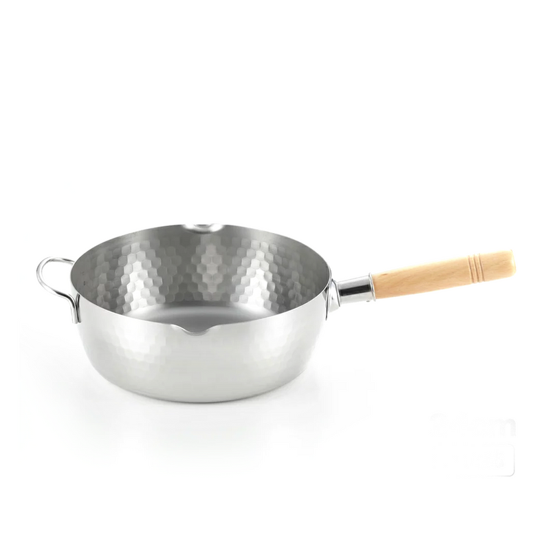 The Yoshikawa Yukihira stainless steel saucepan, showing its hammered finish, natural wood handle, and dual pouring spouts.
